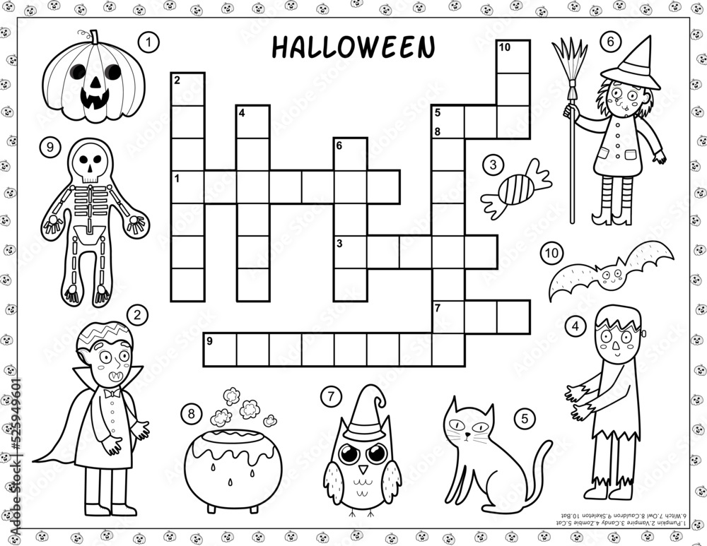 Black and white halloween crossword with spooky characters pumpkin witch zombie vampire and more coloring page and puzzle game for children vector illustration vector