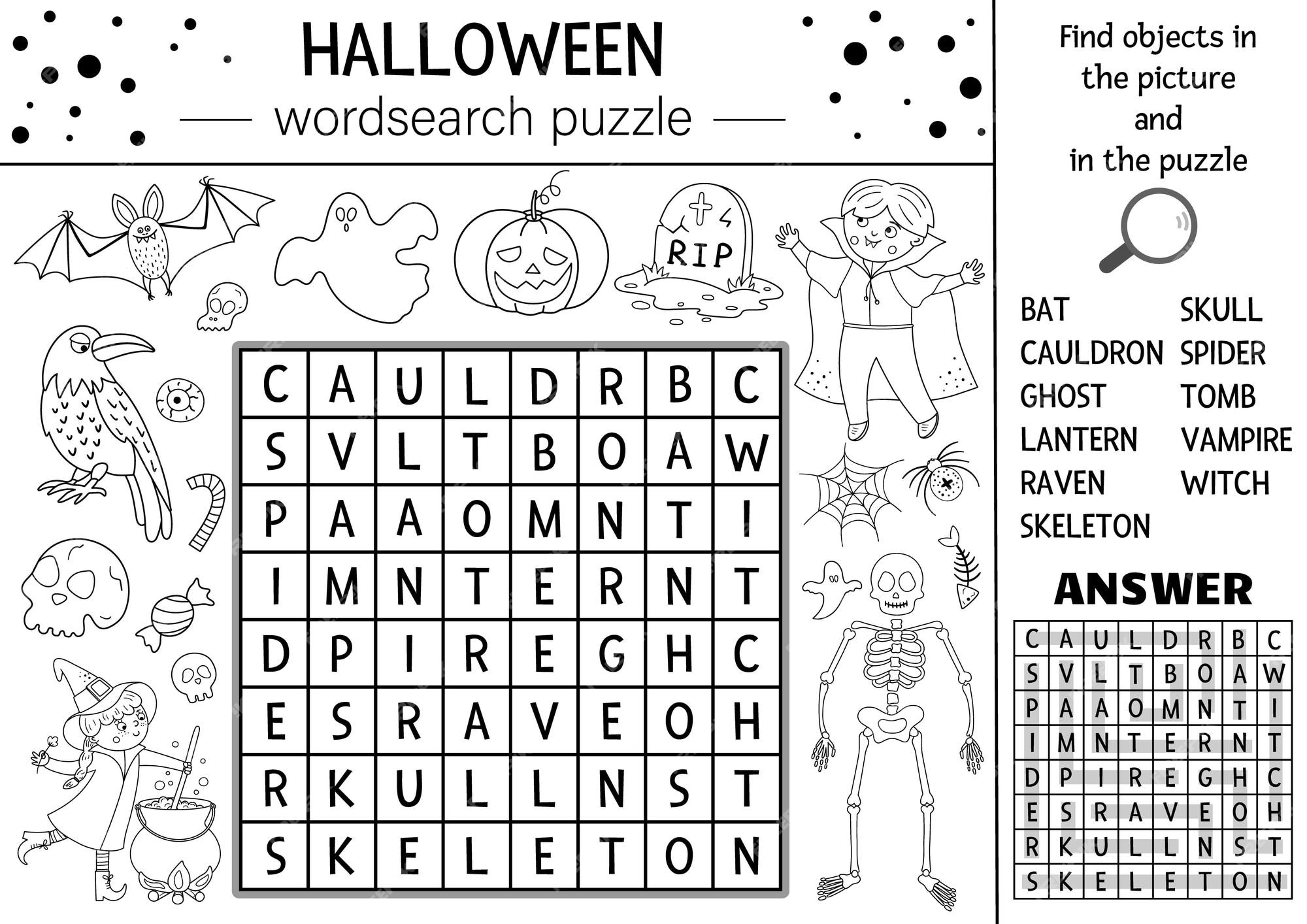 Premium vector vector halloween black and white wordsearch puzzle for kids simple crossword or coloring page with haunted house and scary things keyword activity with funny witch vampire ghost batxa