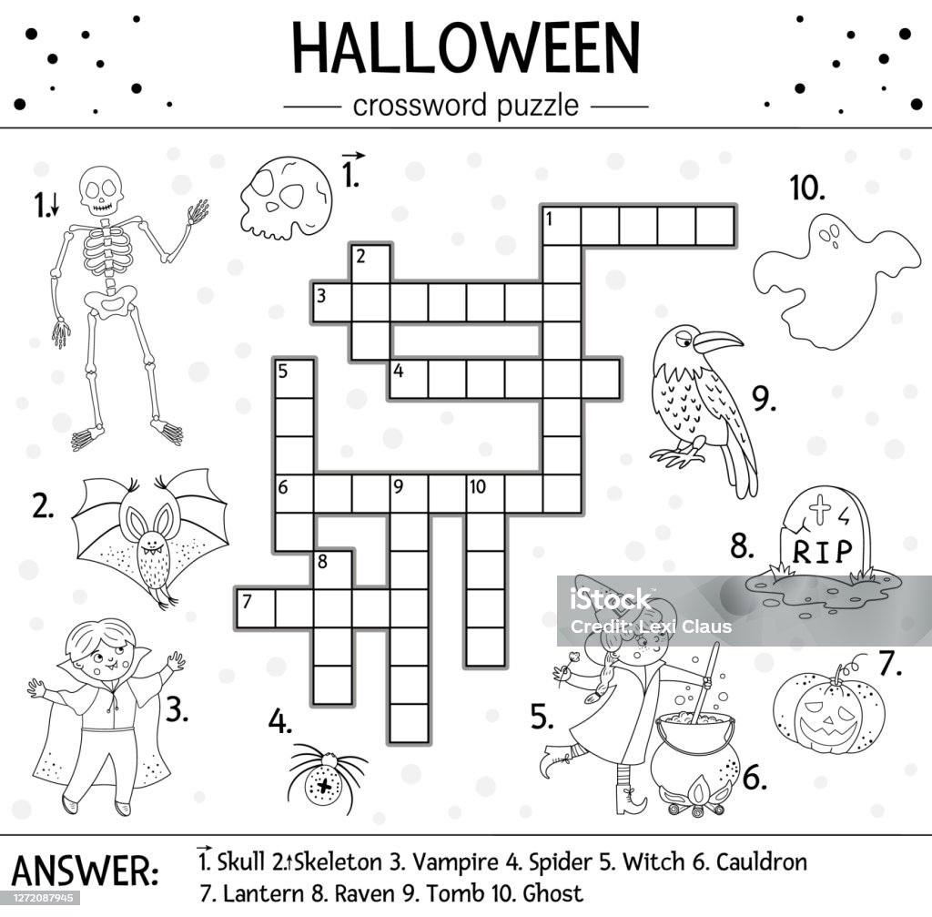 Vector black and white halloween crossword puzzle for kids simple quiz or coloring page with all saints day objects educational activity with traditional scary objects such as witch ghost vampire stock illustration