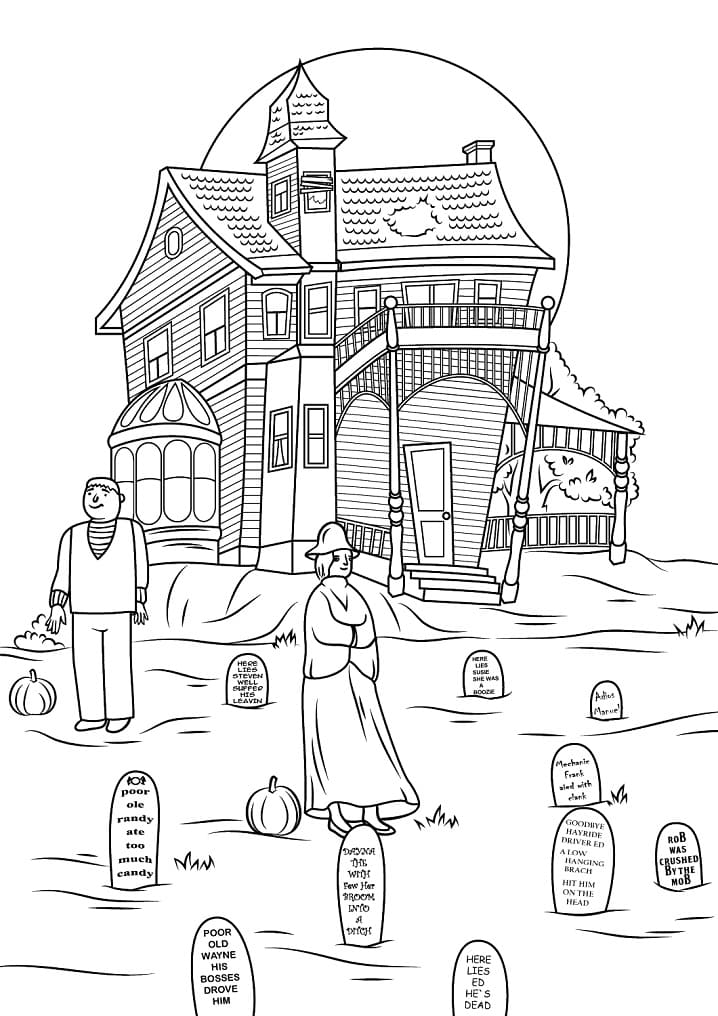 Haunted house for halloween coloring page
