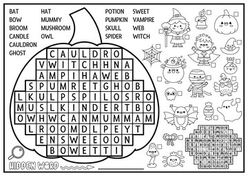 Premium vector vector black and white halloween pumpkin shaped word search puzzle for kids autumn holiday quiz for children educational activity with kawaii symbols english language cross word coloring page