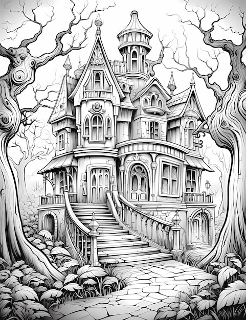 Premium photo coloring book page halloween haunted mansion black and white