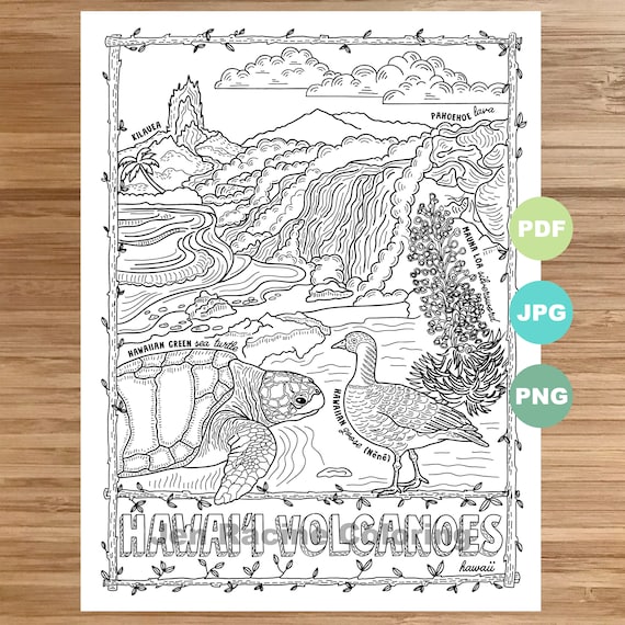 National park coloring page hawaii volcanoes hawaii national park landscape animal plant wildflower coloring page printable