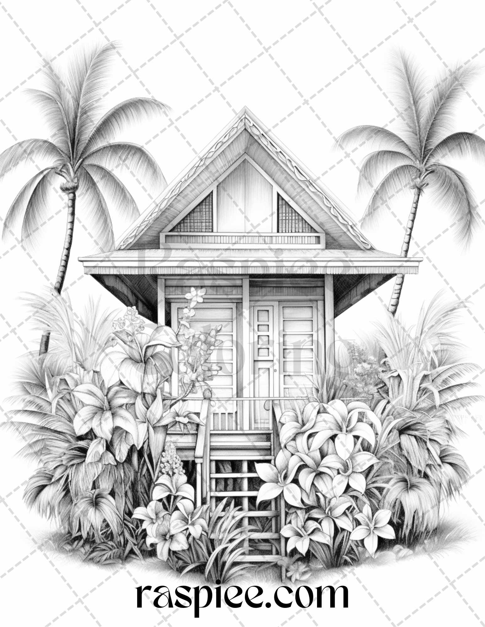 Hawaii tiki houses grayscale coloring pages printable for adults p â coloring