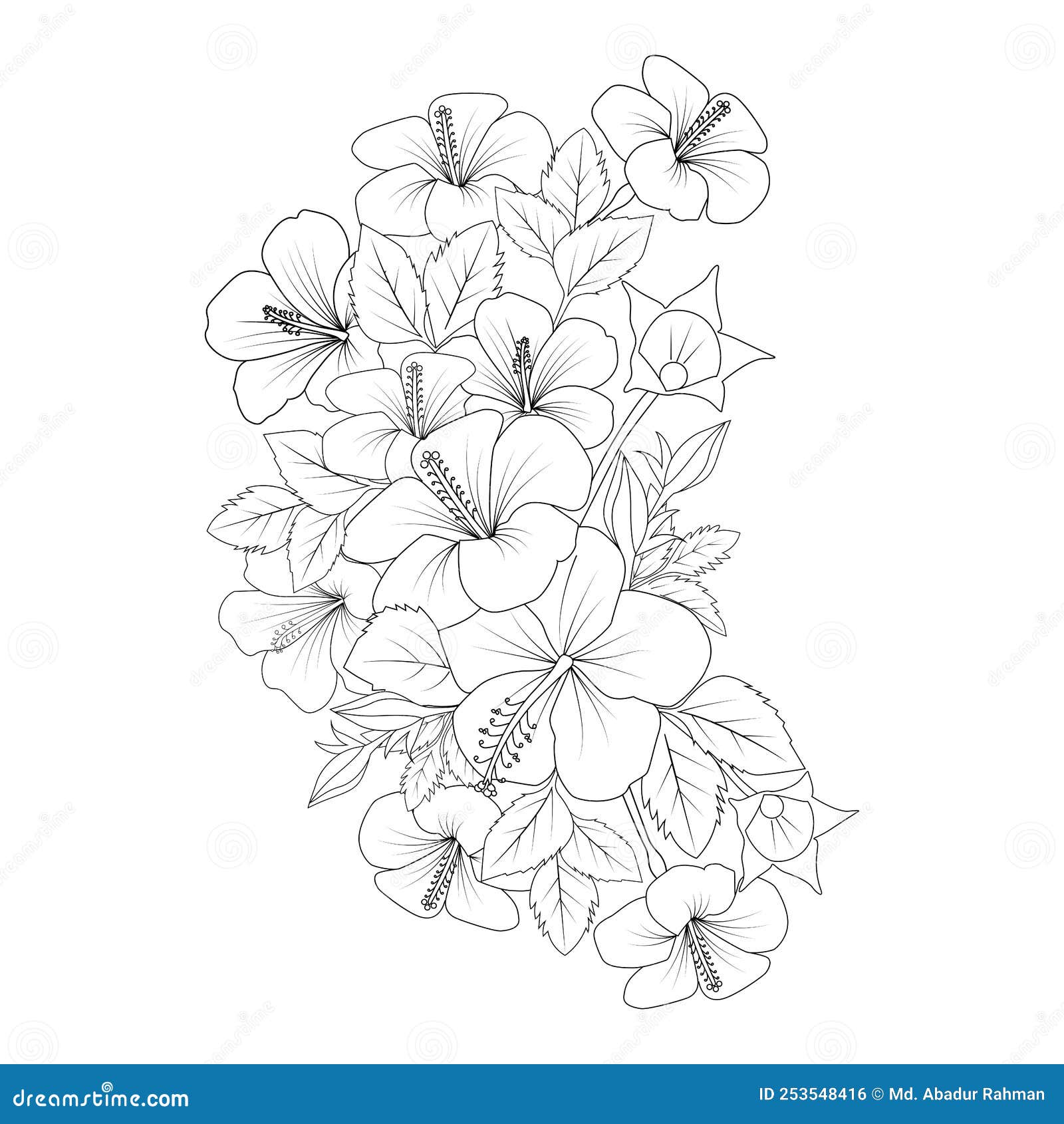 Hawaiian flower coloring page illustration with line art stroke of black and white hand drawn stock vector