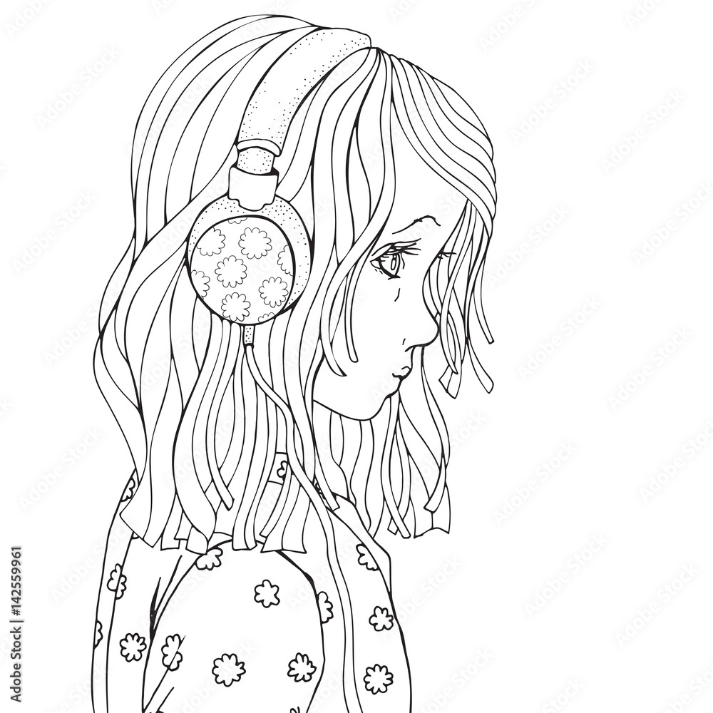 Cute beautiful girl with headphones coloring book page for adult and children black and white vector