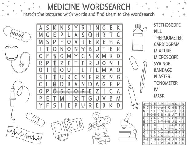 Vector health care outline wordsearch puzzle with pictures medicine quiz for children educational coloring page or crossword activity with cute medical equipment and doctor stock illustration