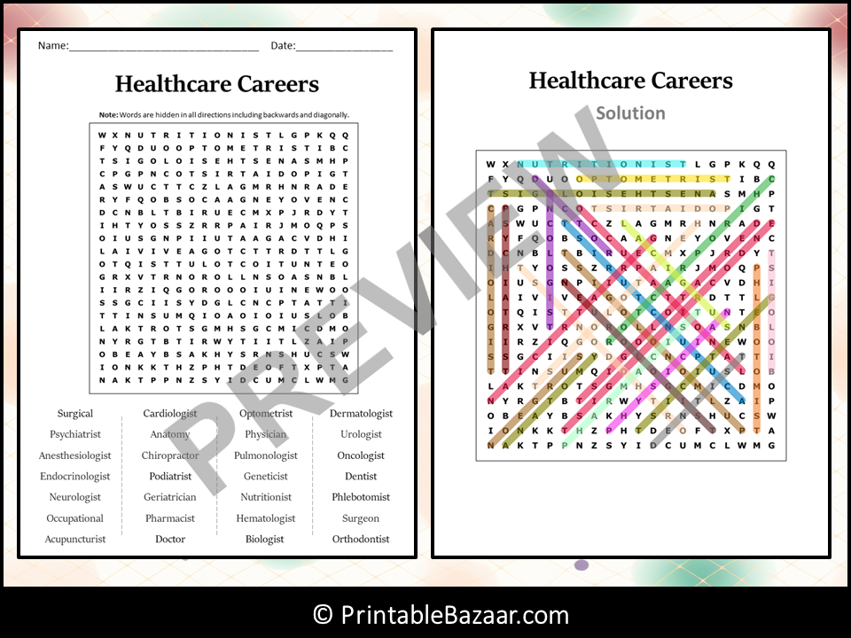 Healthcare careers word search puzzle worksheet activity teaching resources