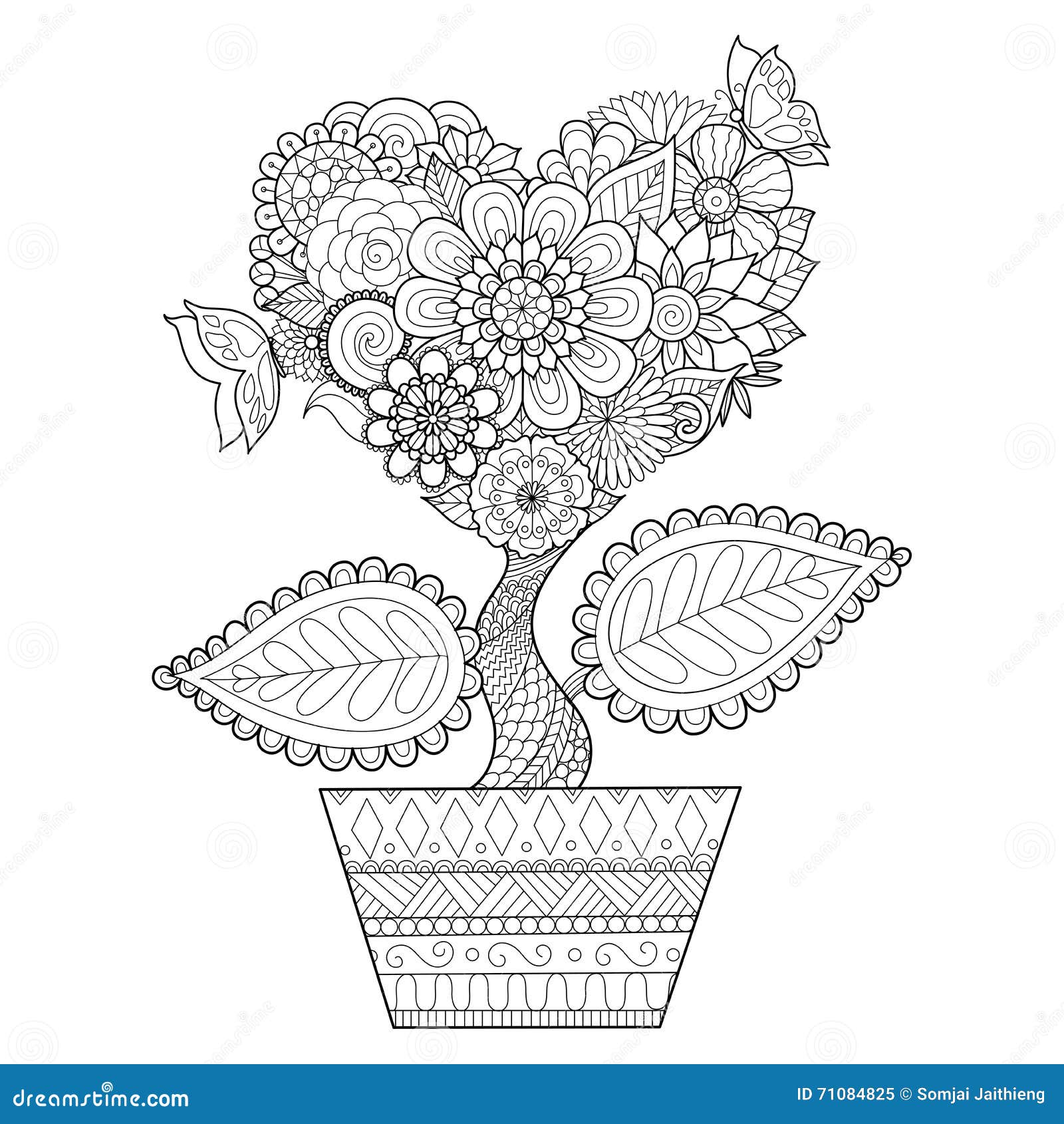 Flowers in heart shape on a pot line art design for coloring book for adult tattoo t