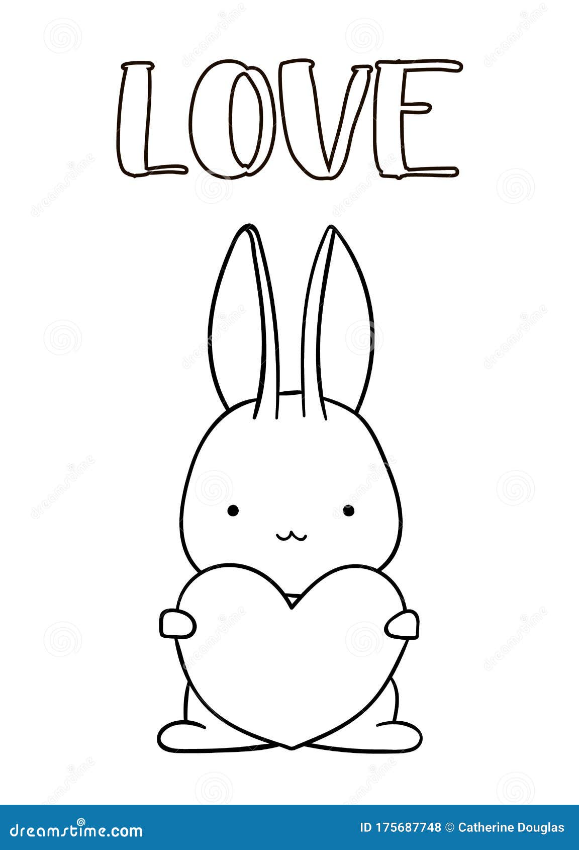 Coloring pages black and white cute hand drawn bunny with heart doodle lettering love stock vector