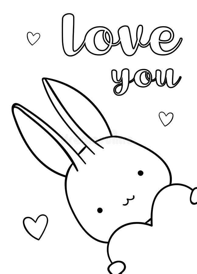 Coloring pages black and white cute hand drawn bunny with hearts doodle lettering love you stock vector