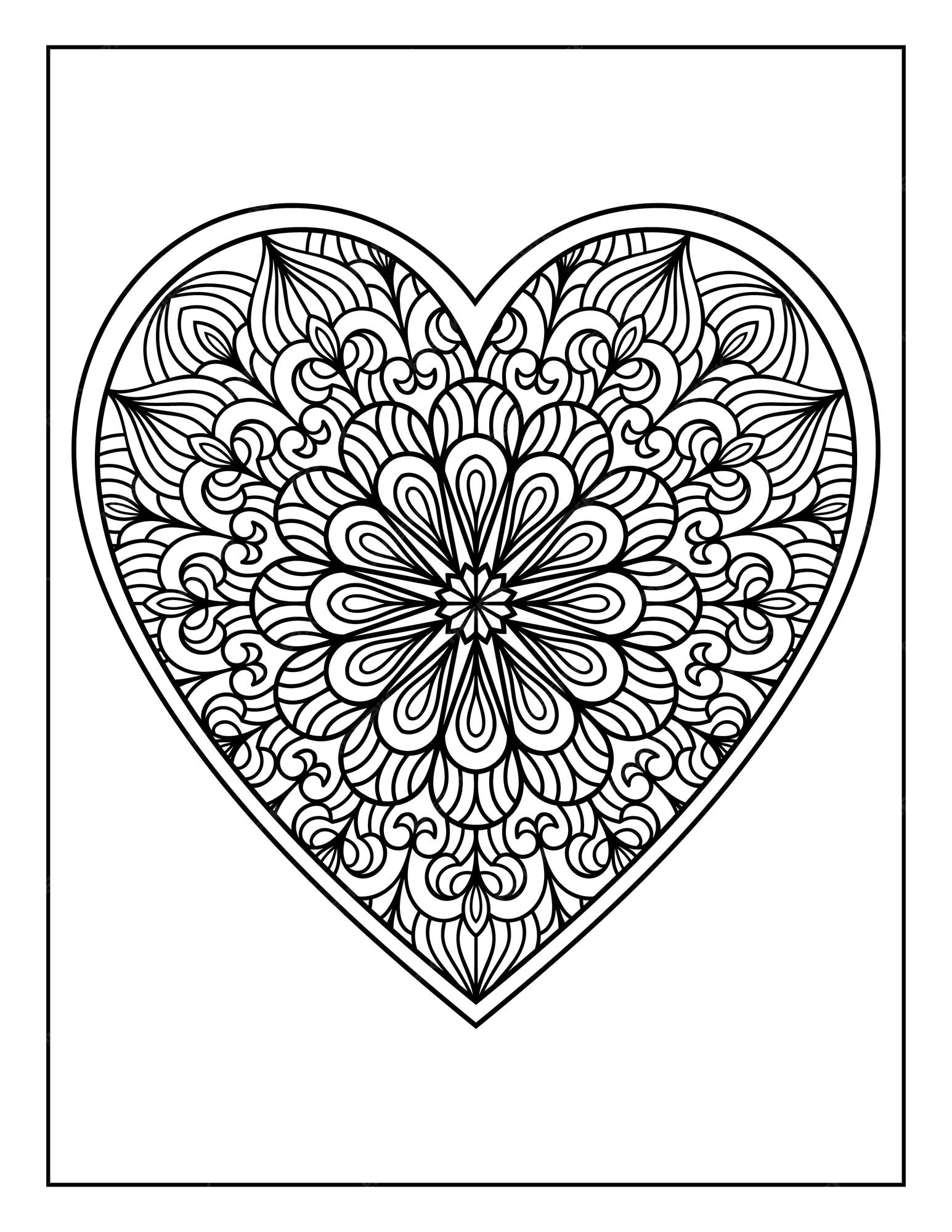 Premium vector hand drawn heart shape mandala floral pattern for adults coloring page mandala heart coloring pages