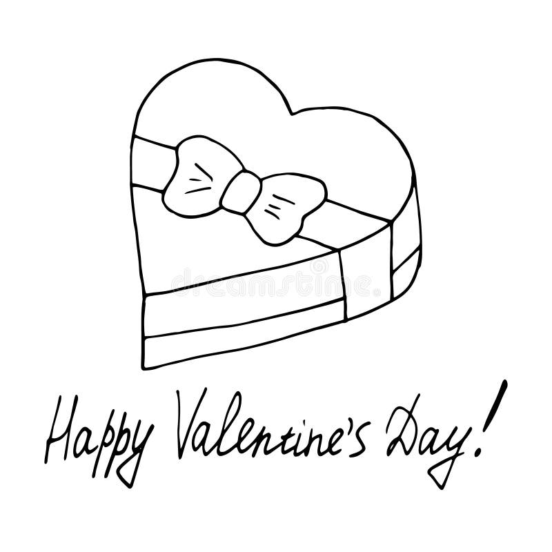 Heart shaped gift box with ribbon bow and lettering happy valentines day template for card poster sketch hand drawn doodle stock illustration