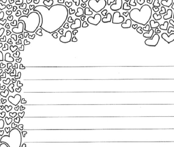 Hearts lined printable stationery and adult coloring page