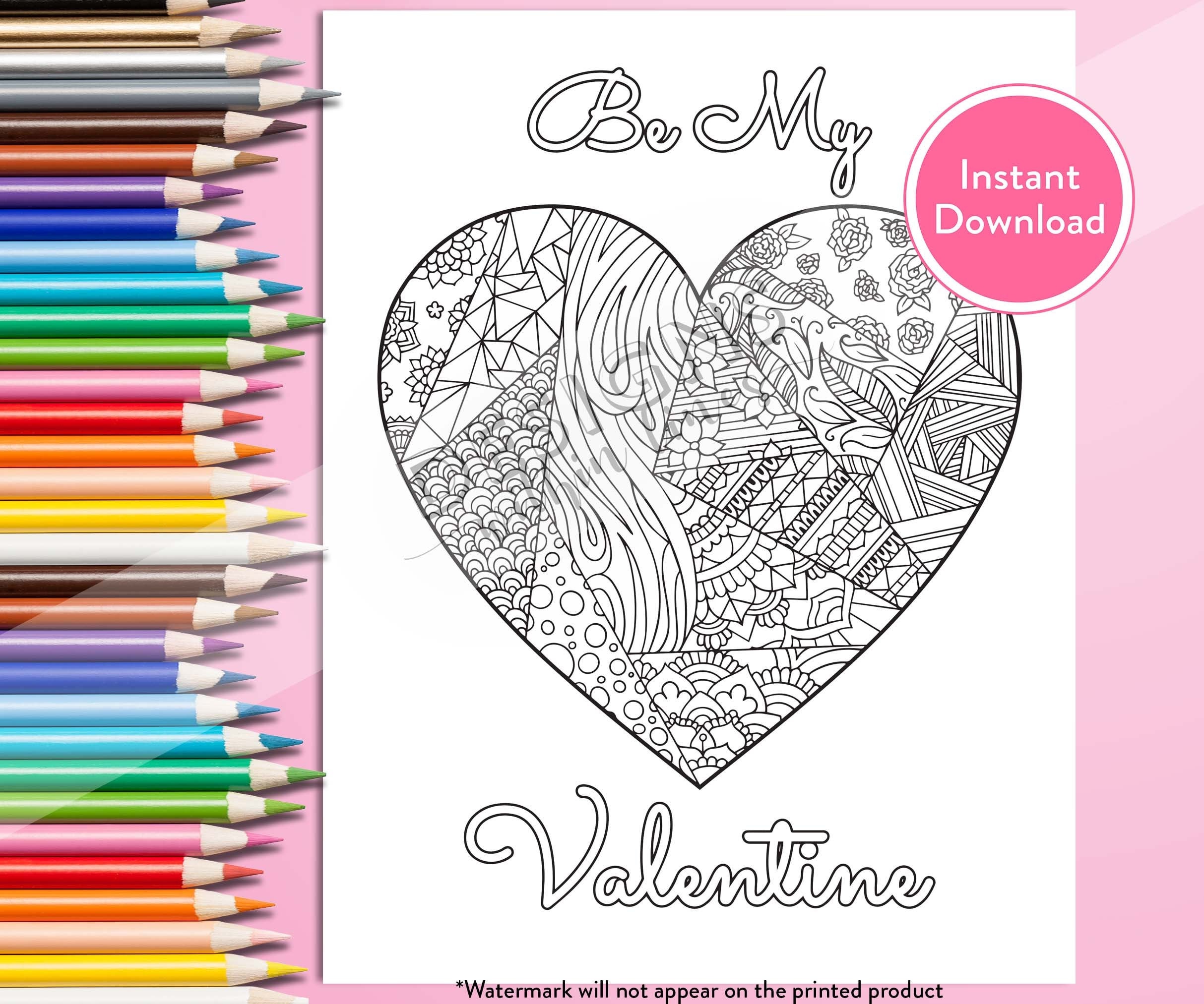 Printable be my valentine heart digital coloring page instant download