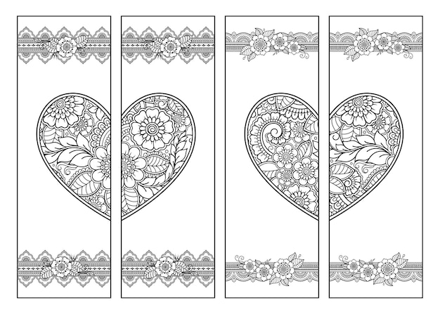 Premium vector printable bookmark for book coloring set of black and white labels with heart and flower patterns in mehndi style sketch of ornaments for creativity of children and adults with