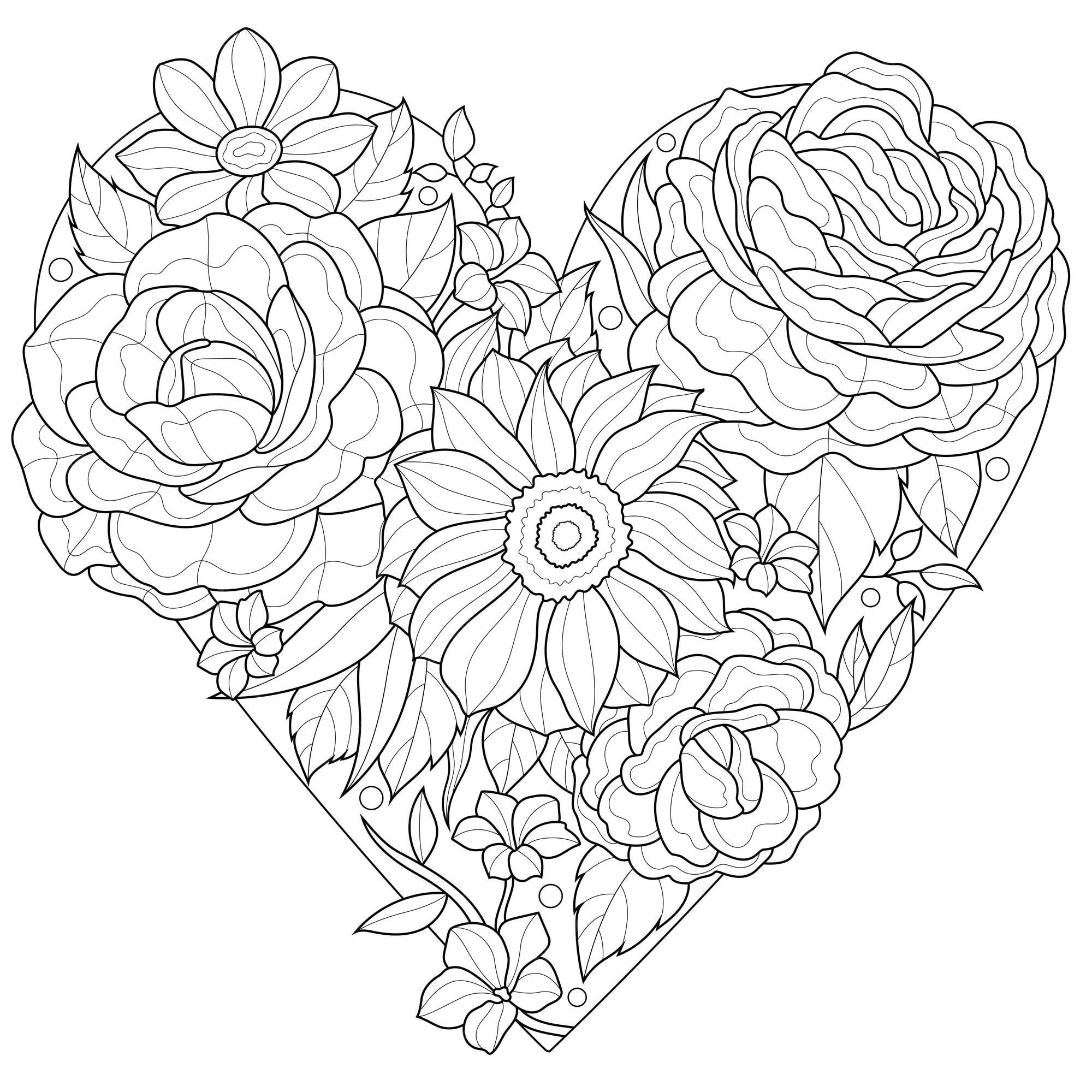 Premium vector heart shaped flowerscoloring book antistress for children and adults