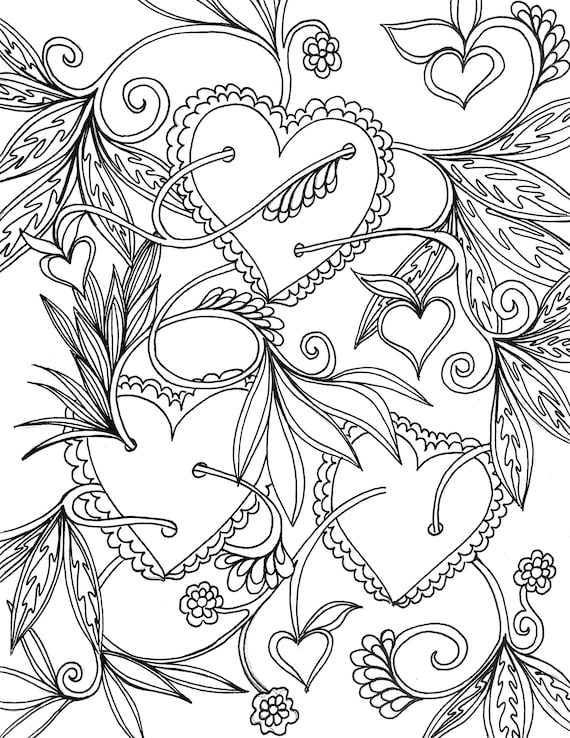 Love hearts and flowers coloring page