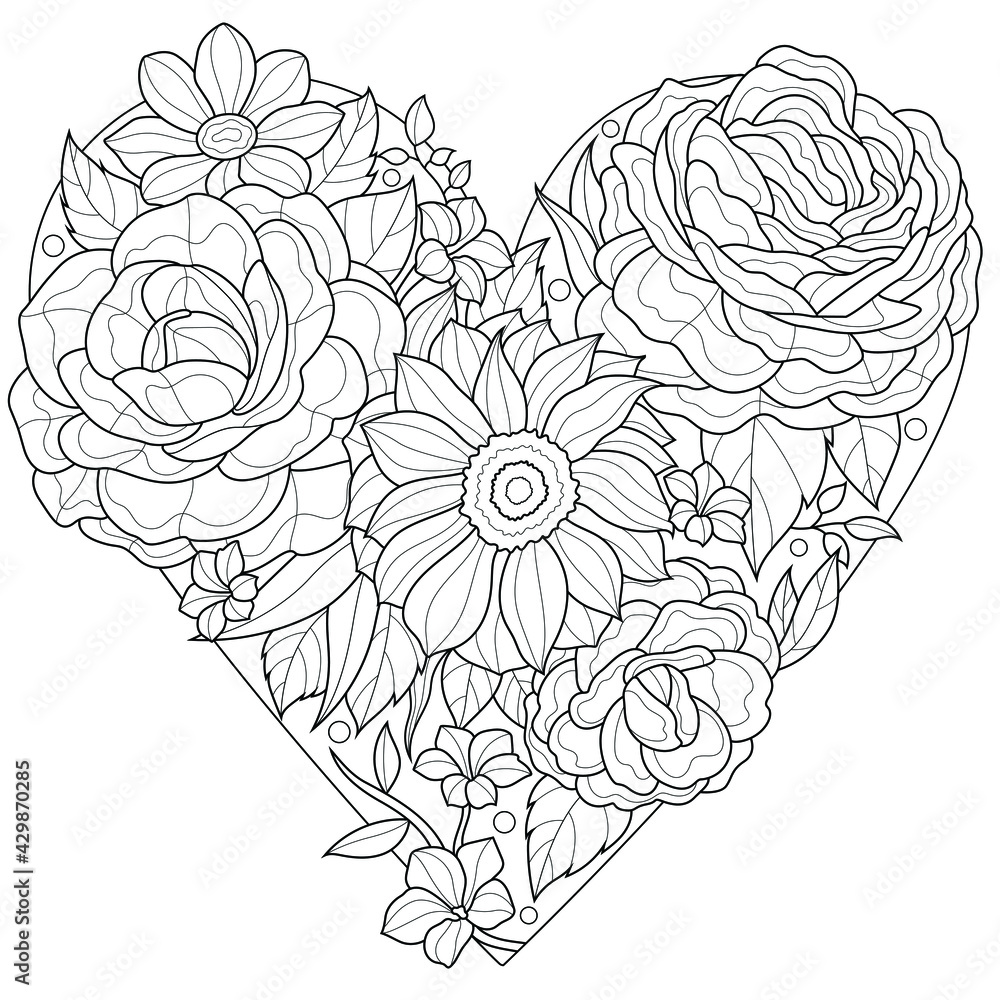 Heart shaped flowerscoloring book antistress for children and adults illustration isolated on white backgroundzen