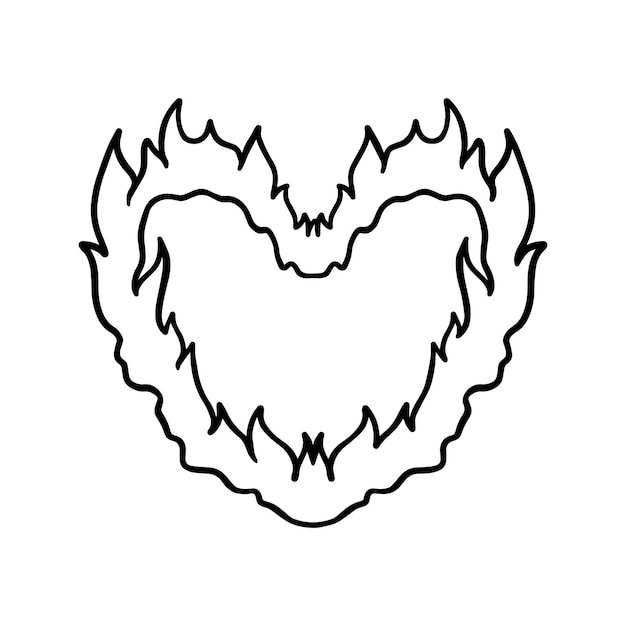 Premium vector fire flame hot heart shaped love symbol doodle linear cartoon coloring book