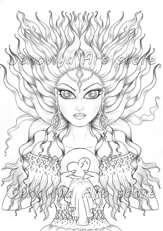 Goddess of hearts colouring page printable coloring book adult