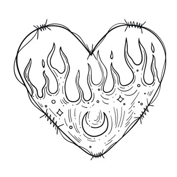 Line art in hippie style psychedelic contour drawings templates for coloring books tattoos stickers prints trendy black and white vector illustrations with heart wire fire and crescent moon vector
