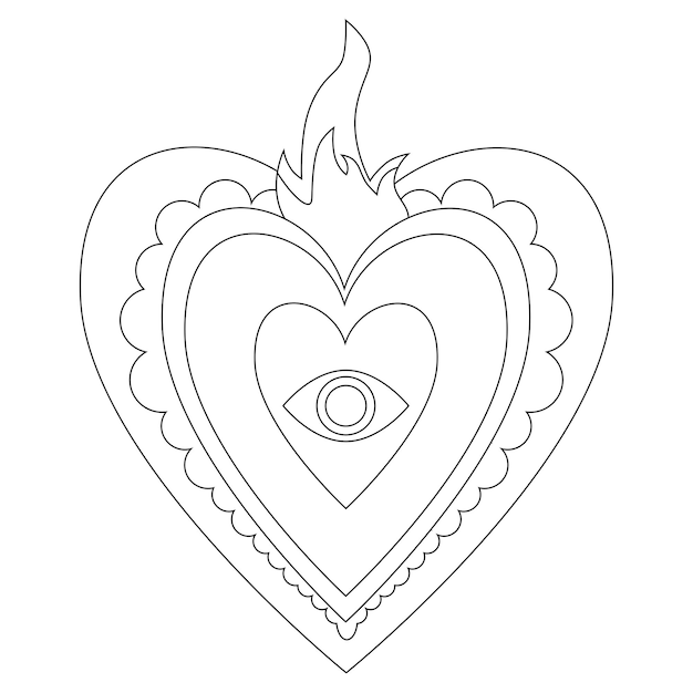 Premium vector mexican embroidery heart with fire coloring page