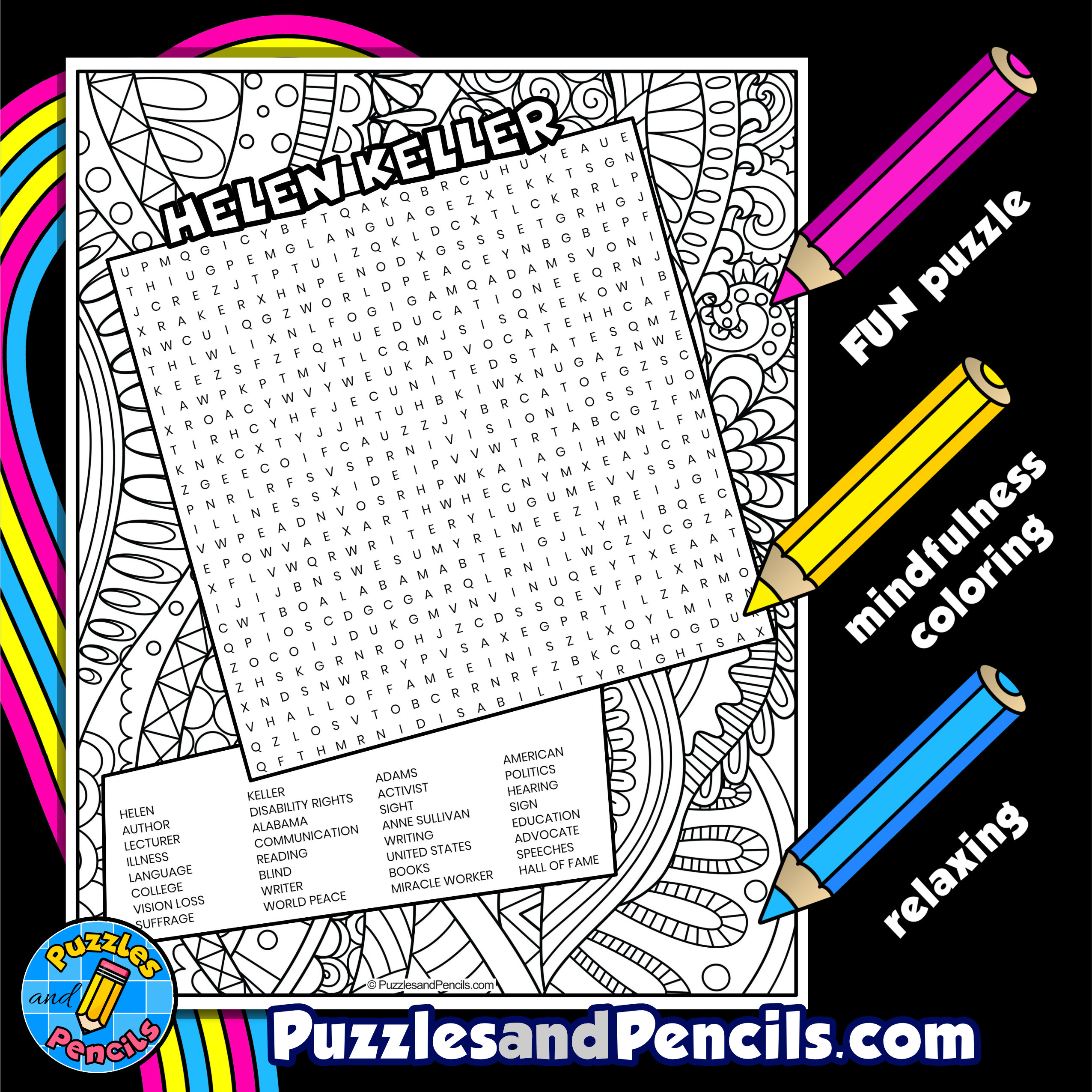 Helen keller word search puzzle activity page with coloring womens history month wordsearch made by teachers