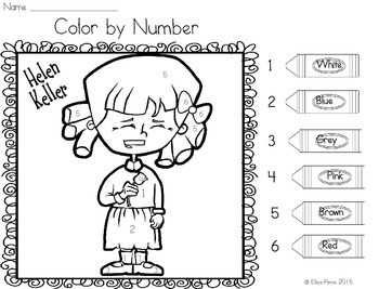 Helen keller color by number by elisa pena tpt