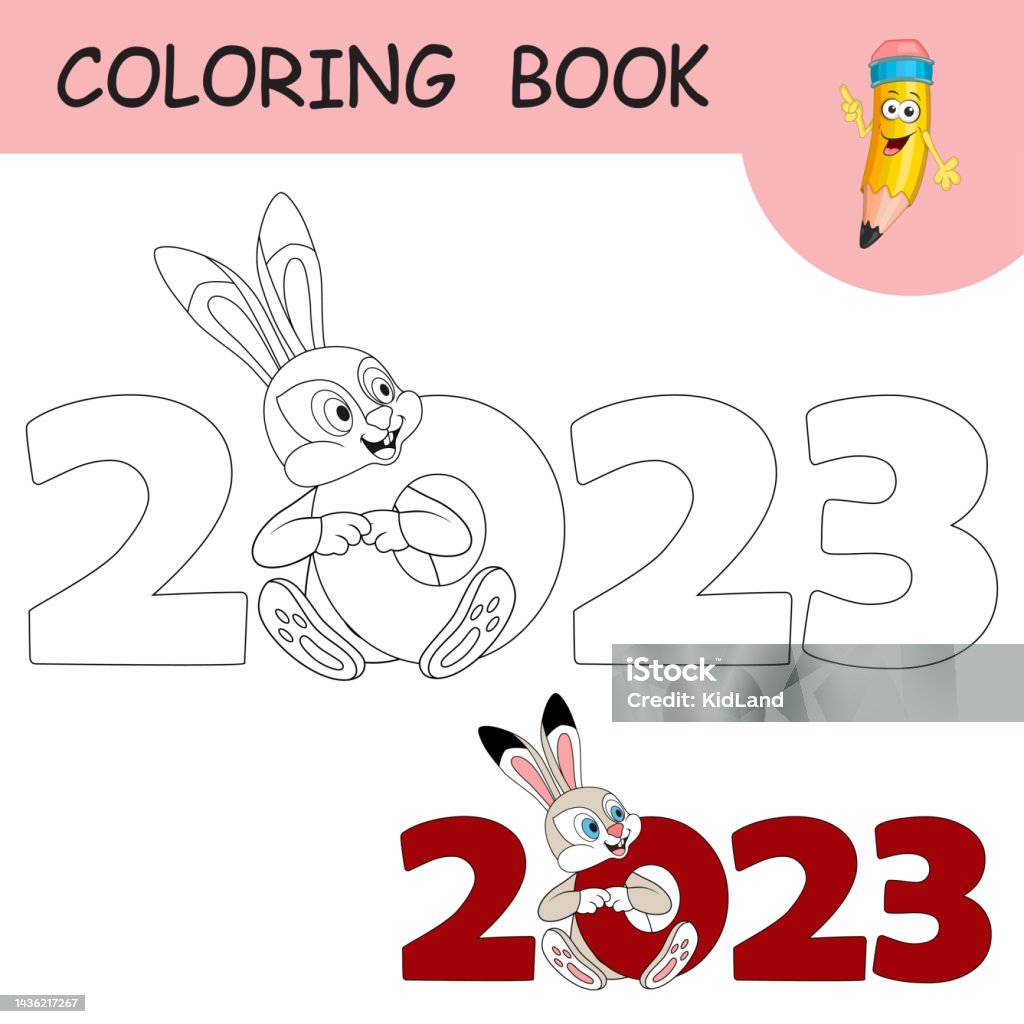 Coloring book with cartoon rabbit sitting among numbers colorless and color example hare as symbol of on coloring page worksheet greeting card antistress coloring with year art for kids