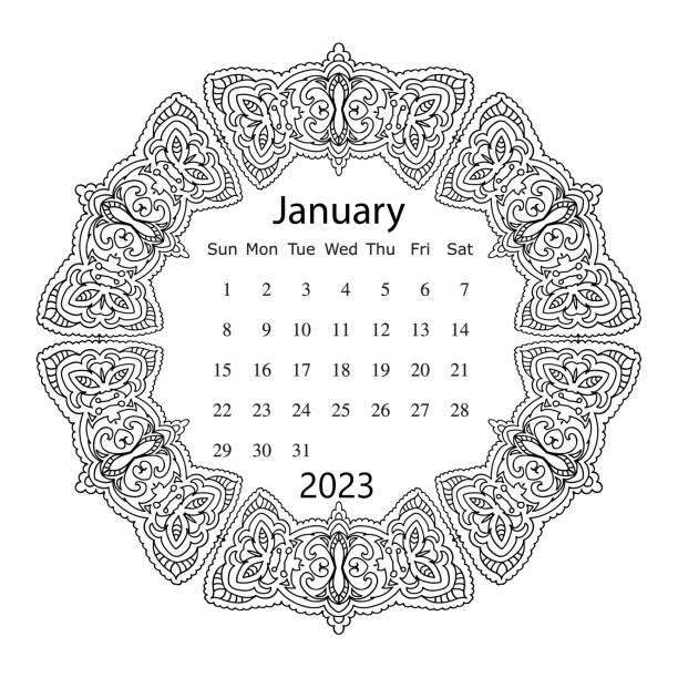 Adult coloring page with monthly calendar of year isolated on white background drawing doodles frame calendar