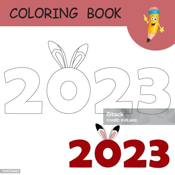 Coloring book with cartoon rabbit ears and numbers colorless and color example hare as symbol