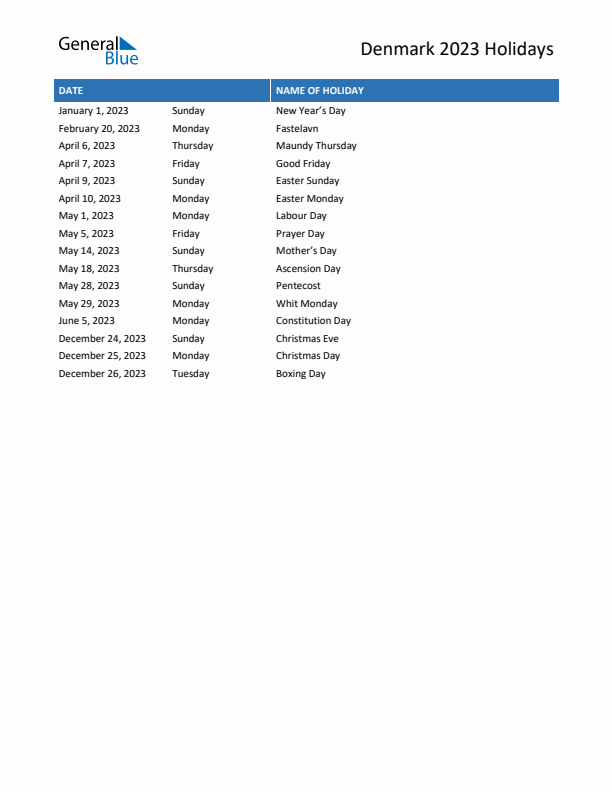 Denmark list of holidays in pdf word and excel