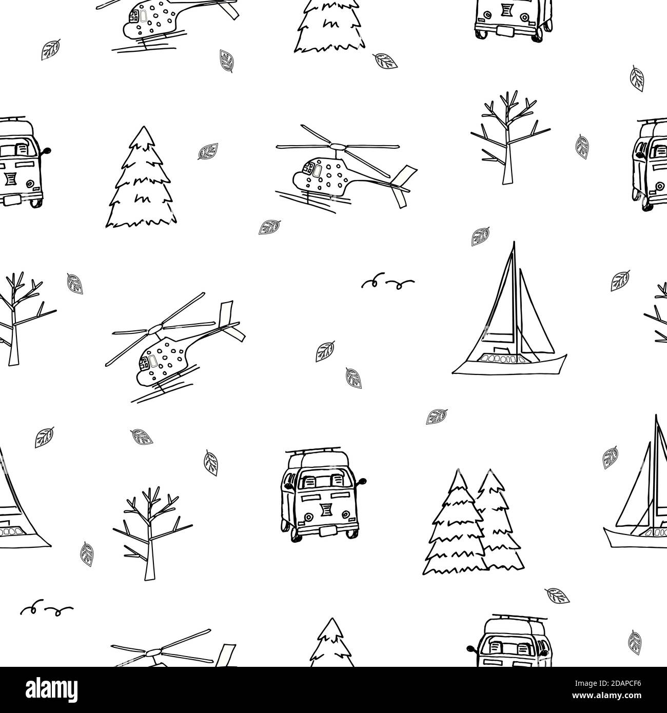 Repeat seamless pattern of helicopter yacht travel bus trees christmas trees and leaves on white background for coloring book stock vector image art
