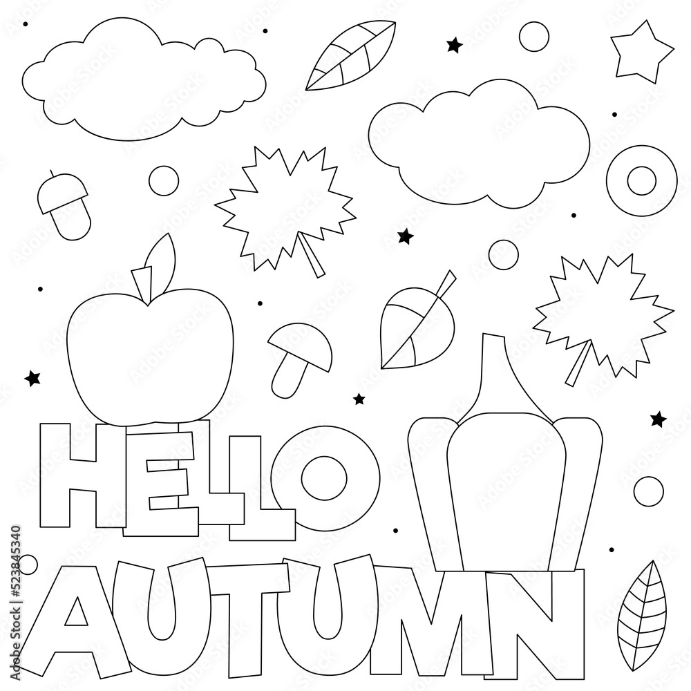 Hello autumn coloring page black and white vector illustration vector