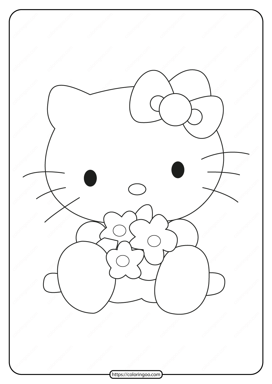 Printable hello kitty hugging flowers coloring page