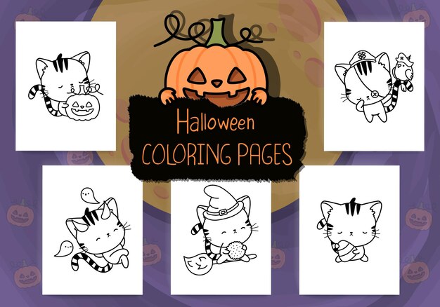 Premium vector cute halloween coloring pages pack set of clipart halloween cat for coloring page