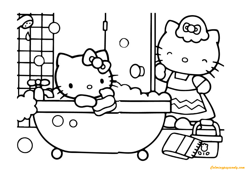 Mom and hello kitty in the bathroom coloring page