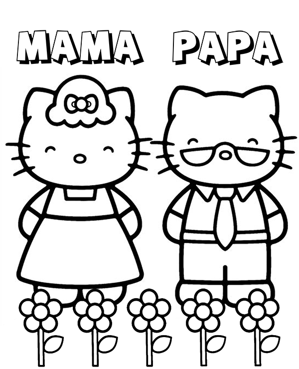 Mama and papa of hello kitty on printable coloring page sheet