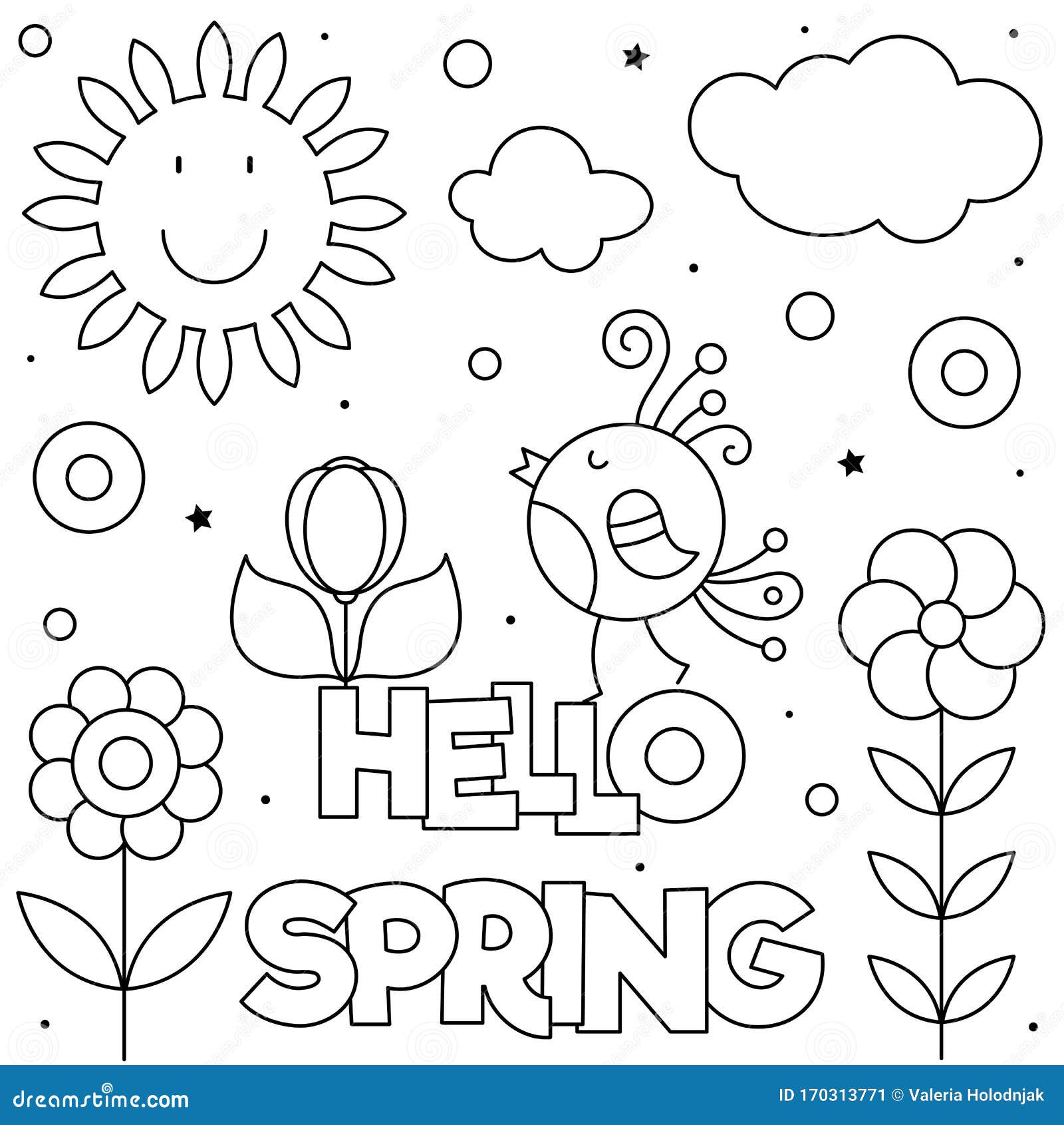 Hello spring coloring page black and white vector illustration stock vector