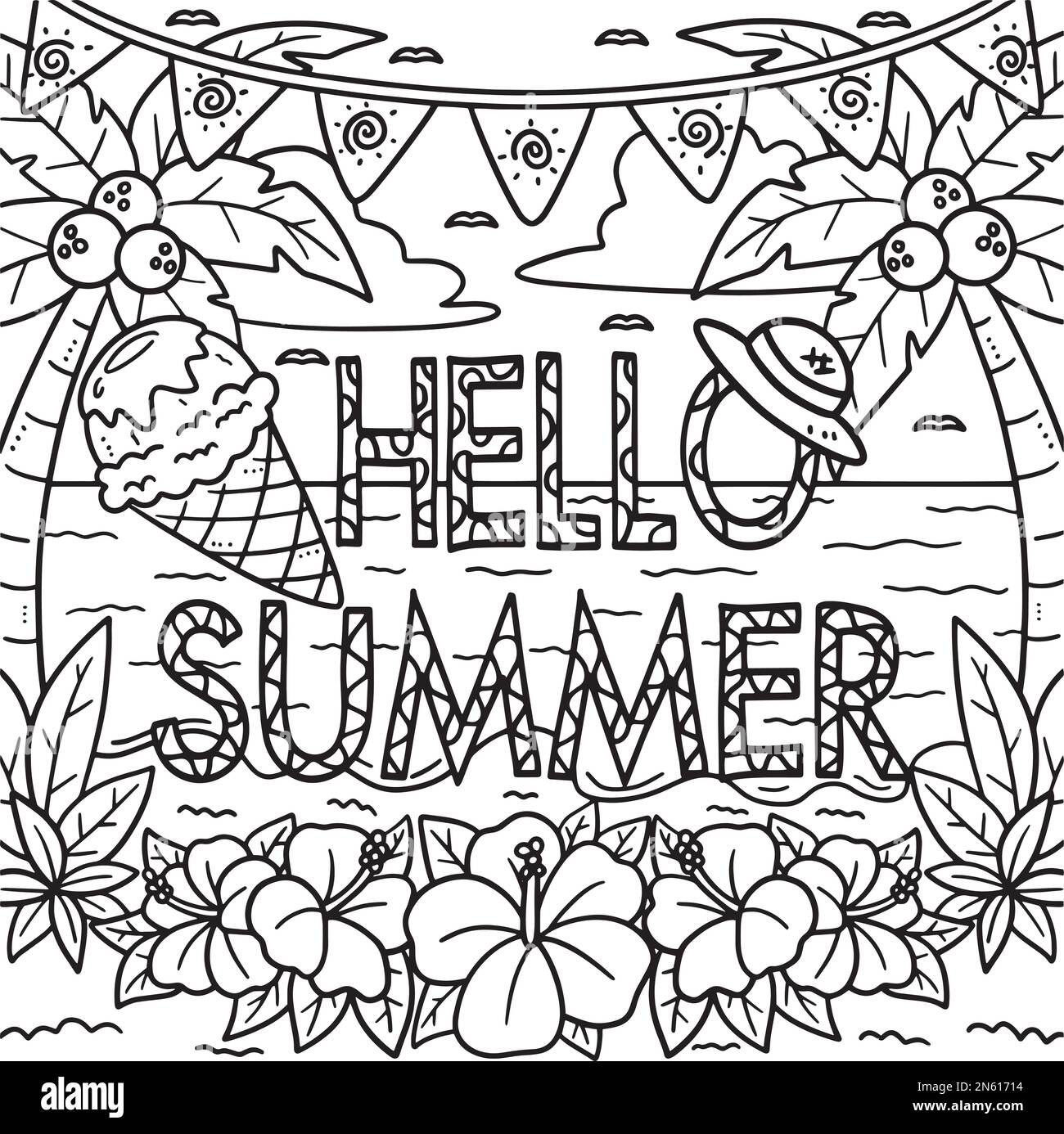 Hello summer coloring page for kids stock vector image art