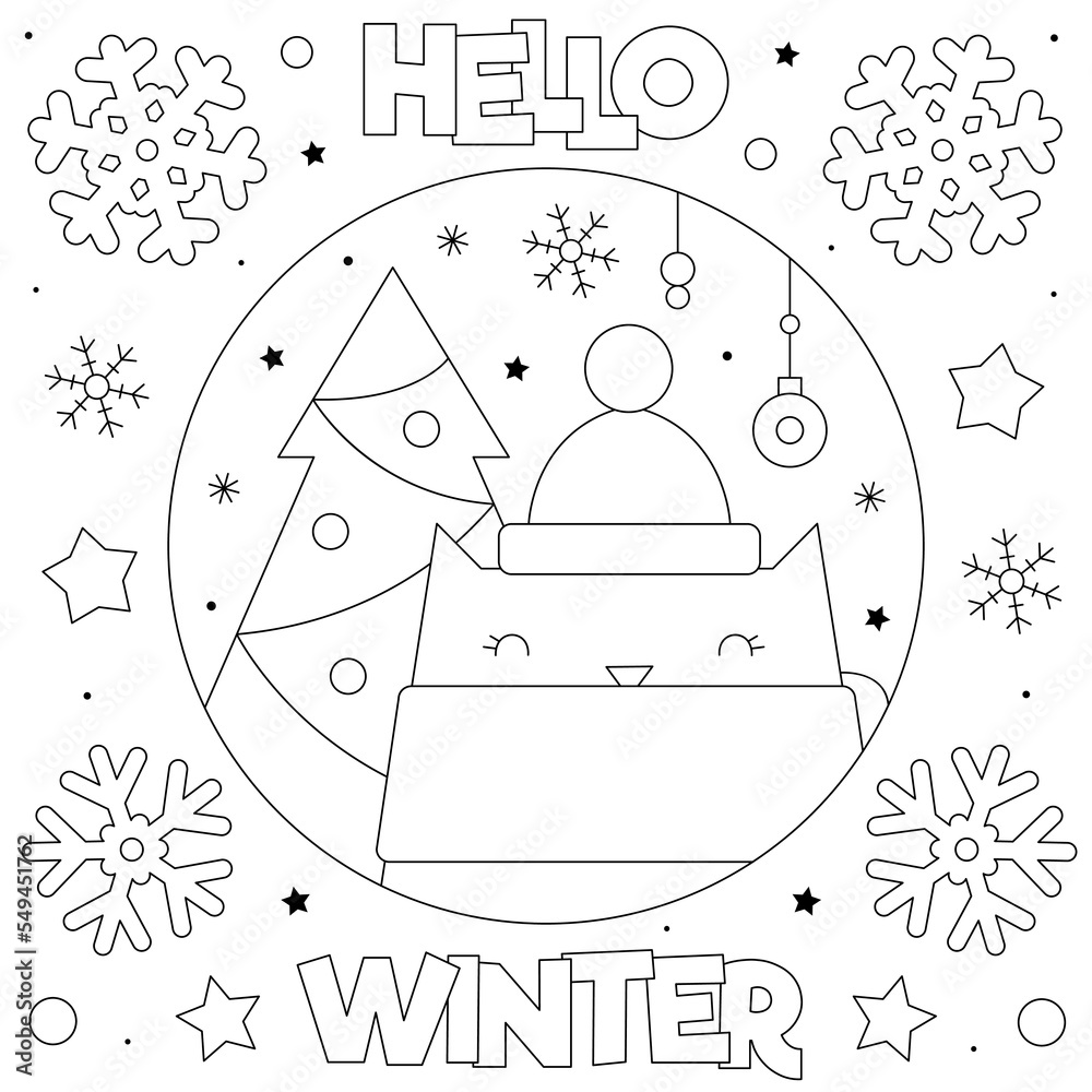 Hello winter coloring page black and white vector illustration vector