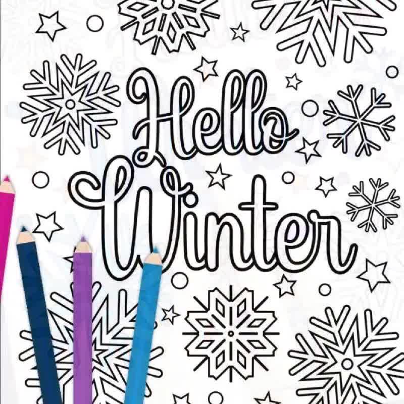 Hello winter snowflake coloring page winter holiday activities xmas family fun adult and kids coloring page pdf instant download