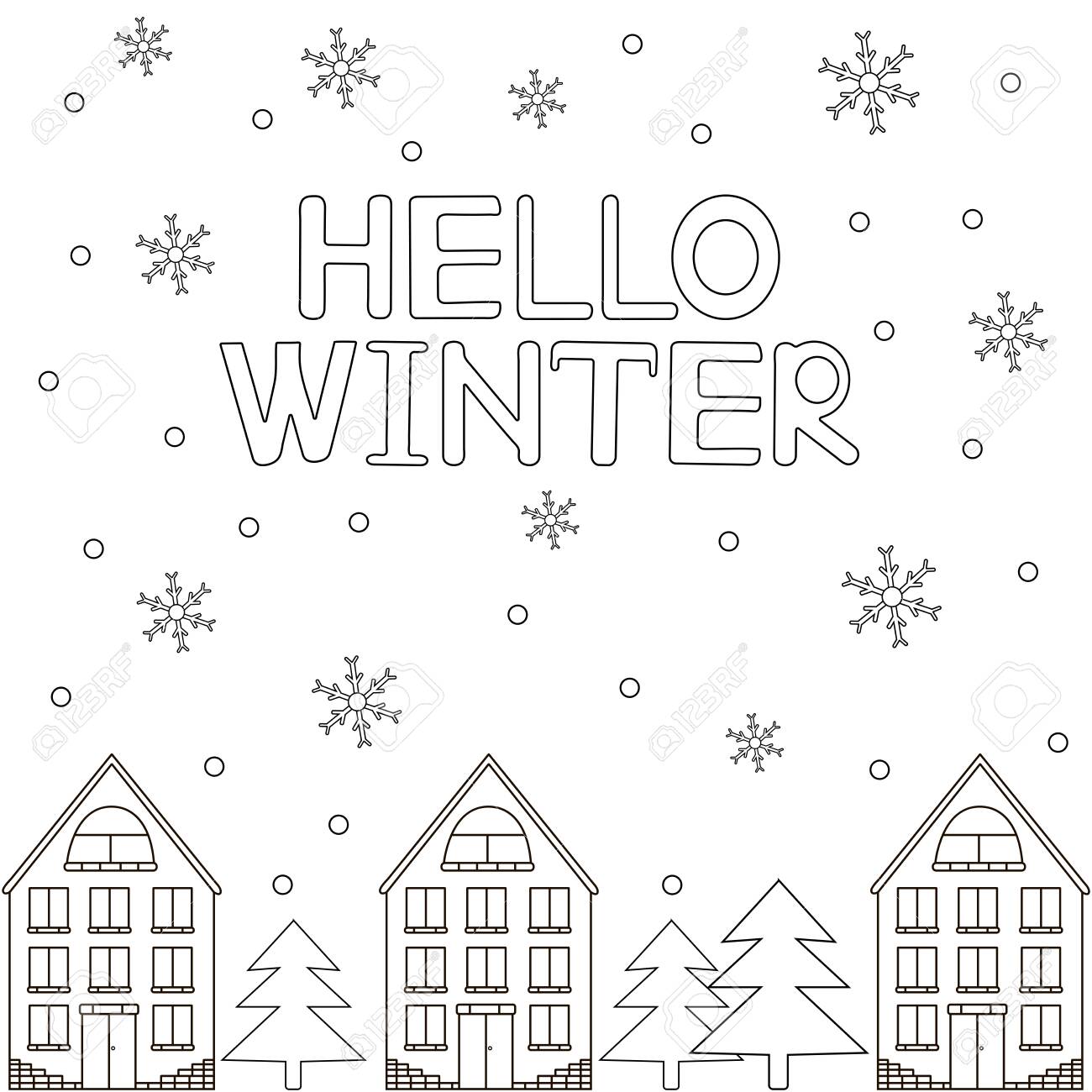 Hello winter card with snowflakes and houses coloring page vector illustration royalty free svg cliparts vectors and stock illustration image