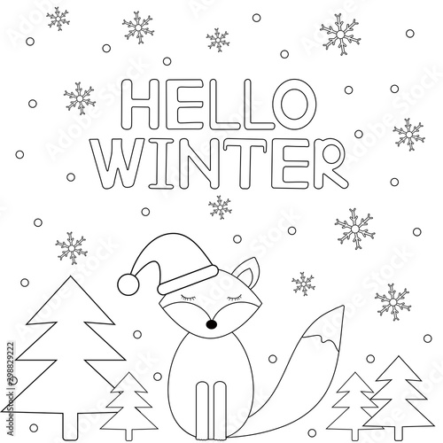 Hello winter card with snowflakes and fox coloring page vector