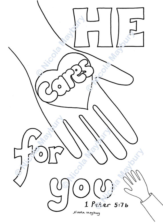 Christian colouring sheet he cares for you hand drawn downloadable bible verse colouring sheet peter a size