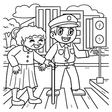 Premium vector police helping old woman coloring page for kids