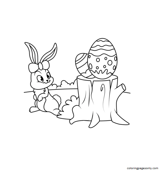 Cute easter bunny and eggs on hemp coloring pages