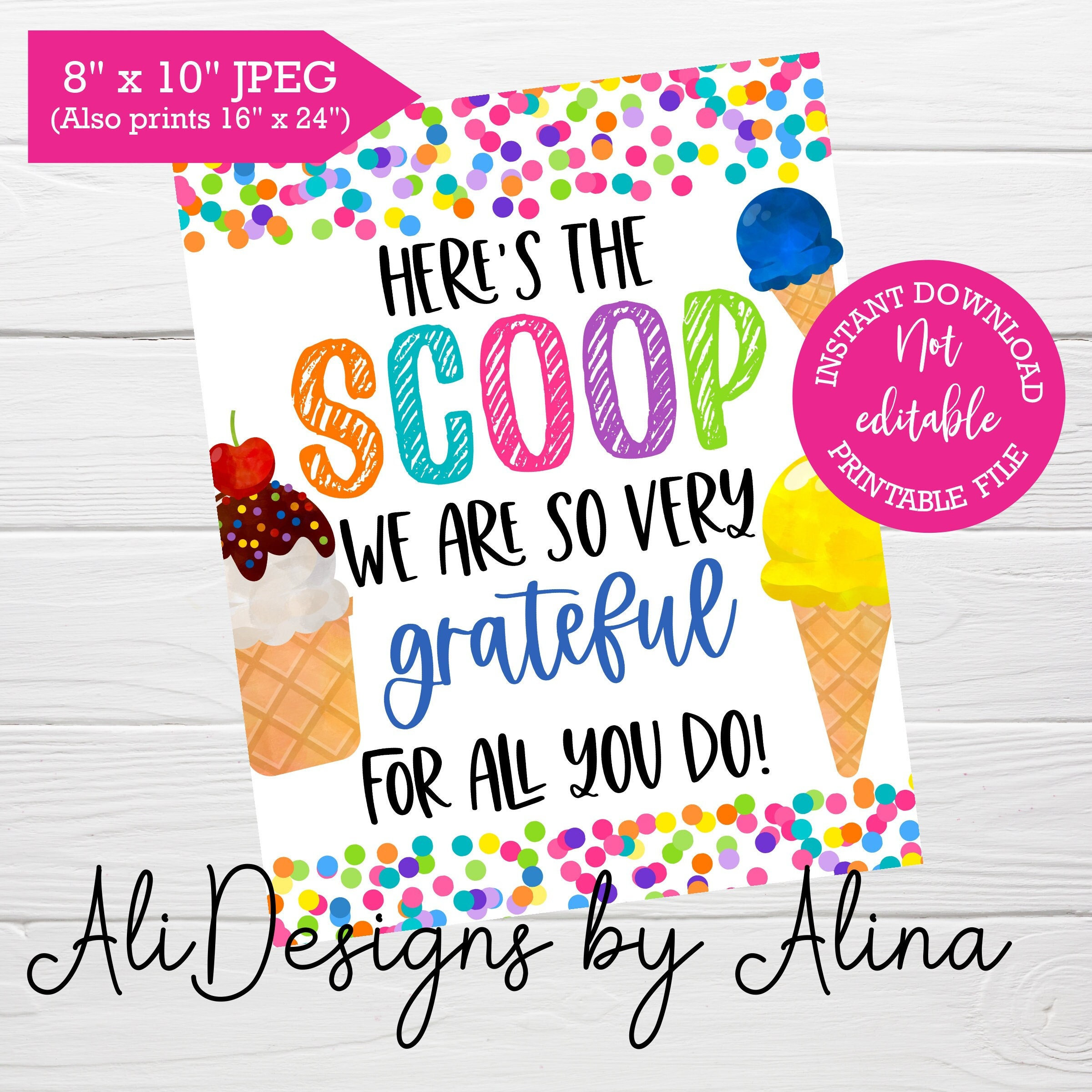 Heres the scoop ice cream printable sign instant download teacher and staff appreciation week ice cream social sundae bar nurses day
