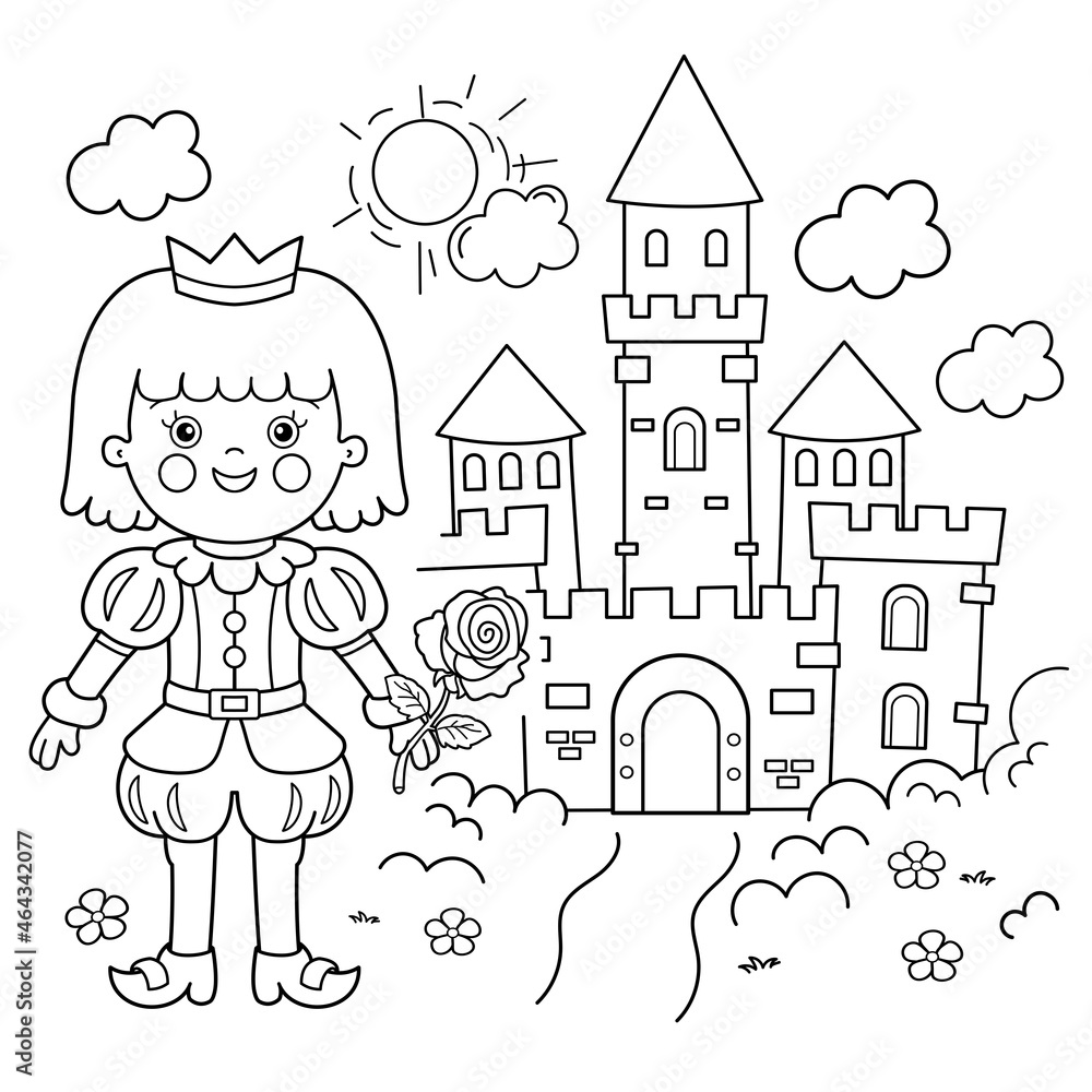 Coloring page outline of cartoon lovely prince with magic rose beautiful young king royal castle or palace fairy tale hero or character coloring book for kids vector